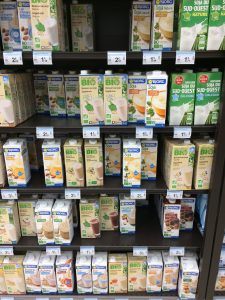dairy free milk selection in small local Carrefour supermarket