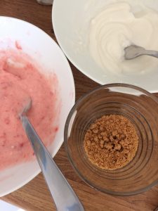 making the gluten free strawberry cheesecake bowl