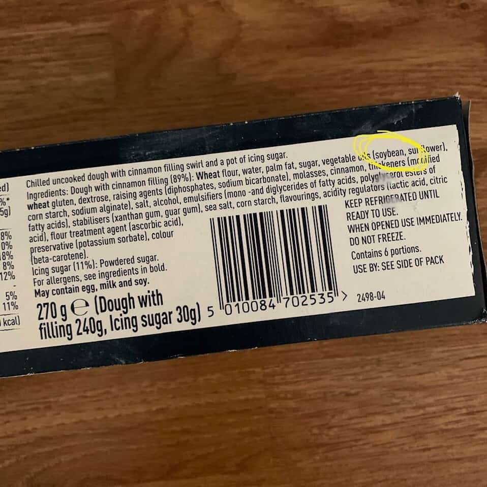 ingredients label containing highly refined soybean oil