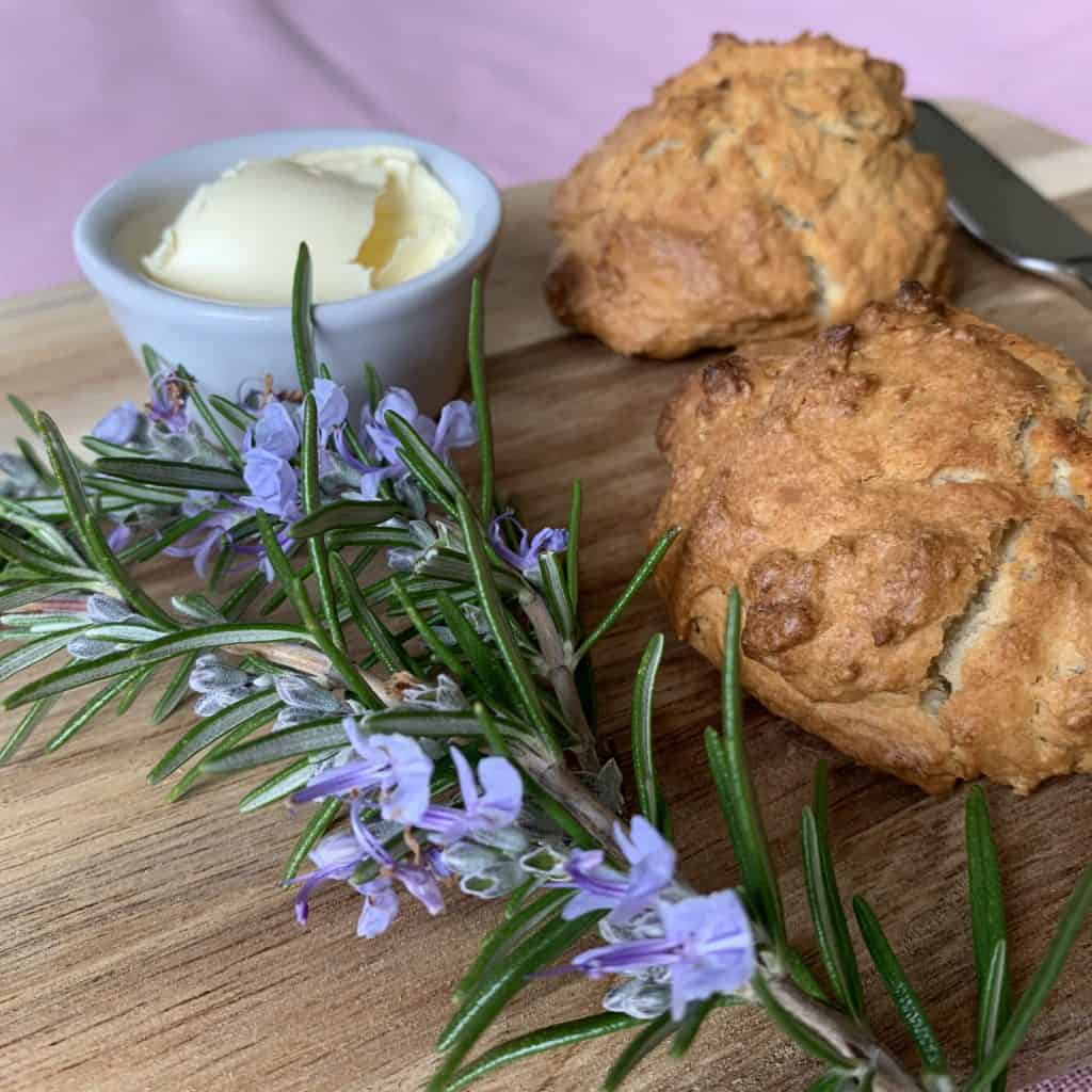 savoury vegan scones with rosemary flowers